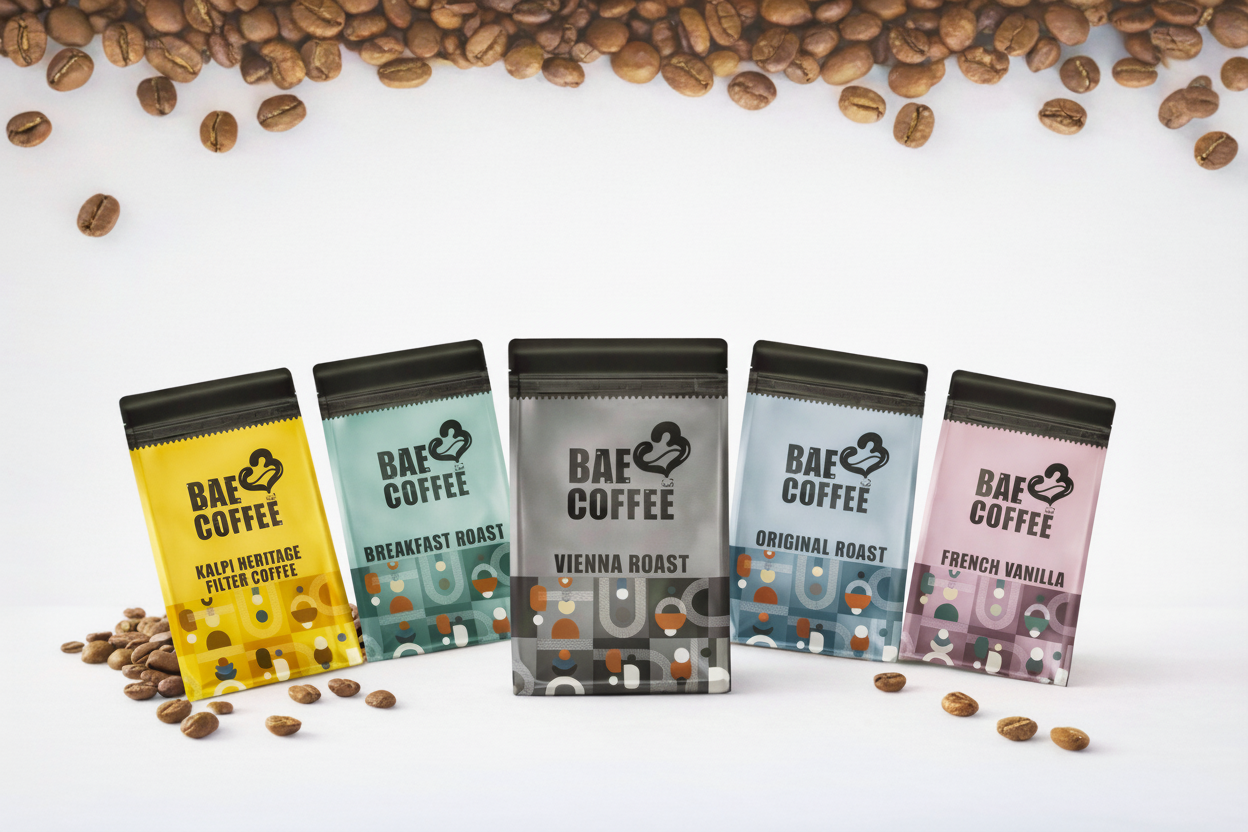 BAE Coffee packages with different flavors surrounded by coffee beans 